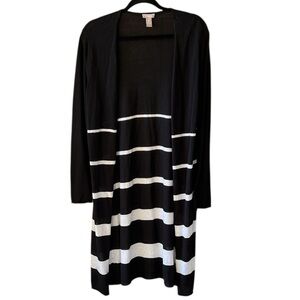 Chico’s Sz L Black White Stripe Light Beachy Linen Open Front Long Line Cardigan